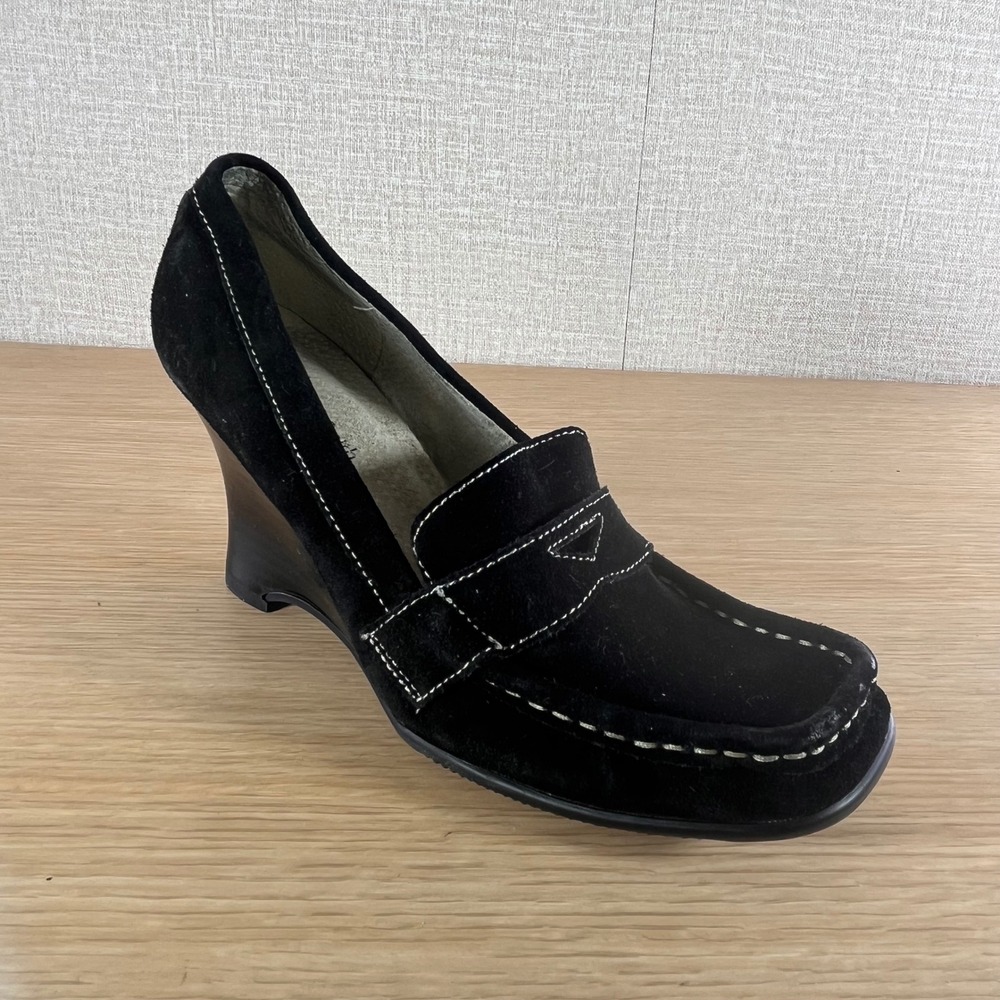 Amanda Smith Women's 7.5 Black Suede Wedge Loafers Penny Y2K Preppy Heels